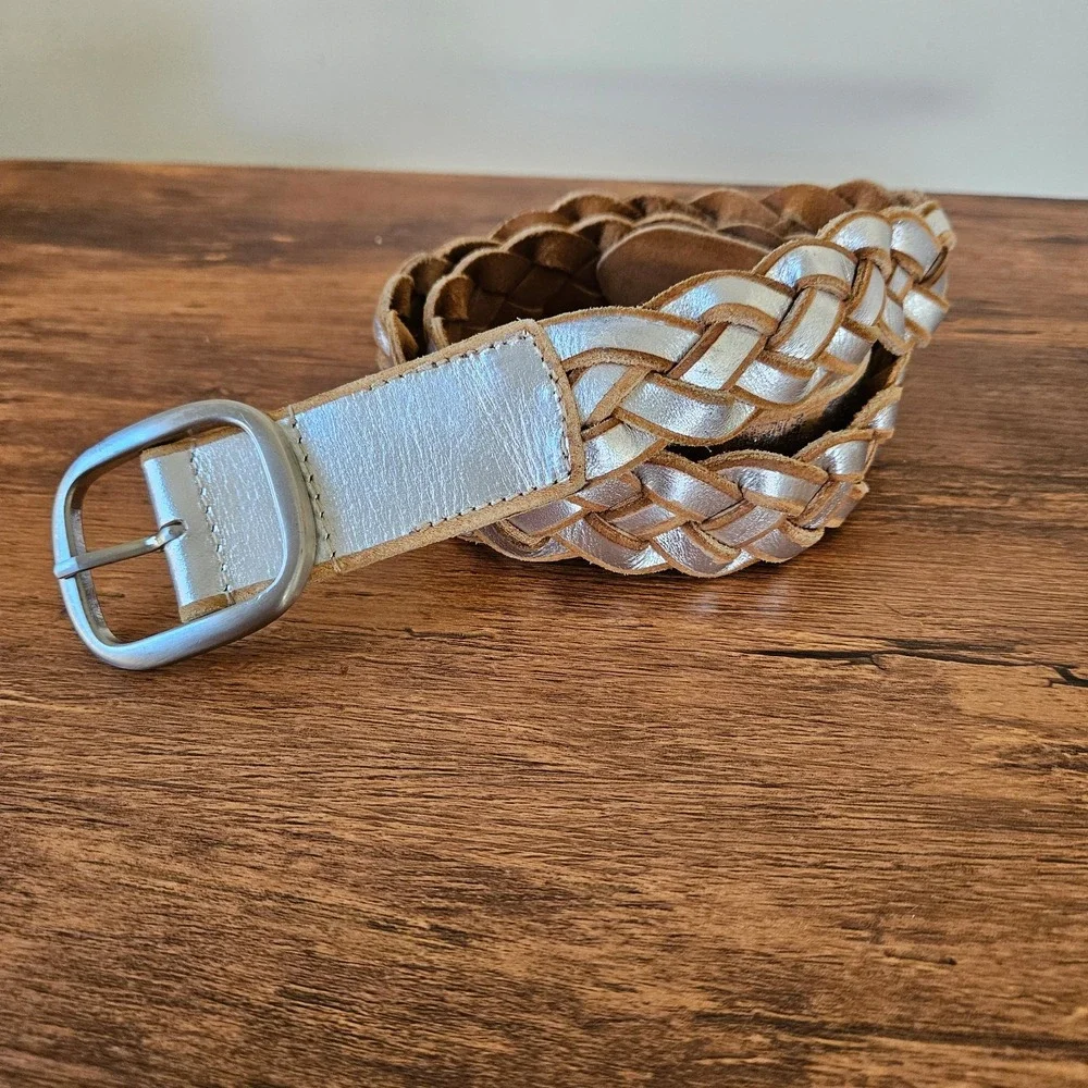 J.Jill Vintage Aged Silver Brown Painted Leather Braided Belt Wide Statement L